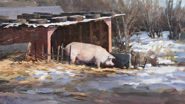 "The Lochside Pig" Oil, 20" x 11" by artist Deborah Tilby. See her portfolio by visiting www.ArtsyShark.com