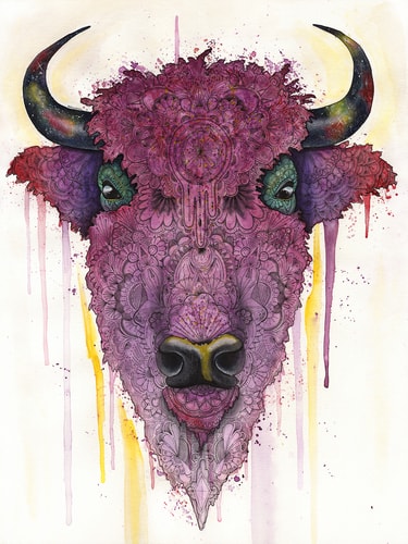 "Cosmic Bison" Watercolor and Pen and Ink on Watercolor Paper, 18" x 24" by artist Haylee McFarland. See her portfolio by visiting www.ArtsyShark.com