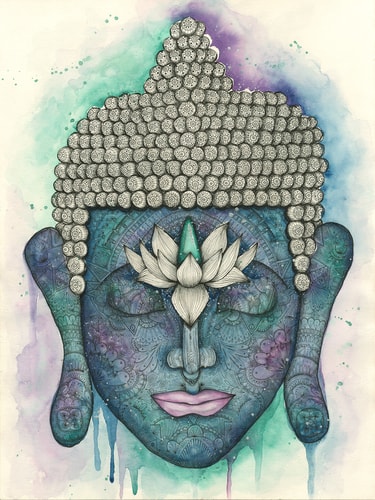 "Cosmic Buddha" Watercolor and Pen and Ink on Watercolor Paper, 18" x 24" by artist Haylee McFarland. See her portfolio by visiting www.ArtsyShark.com