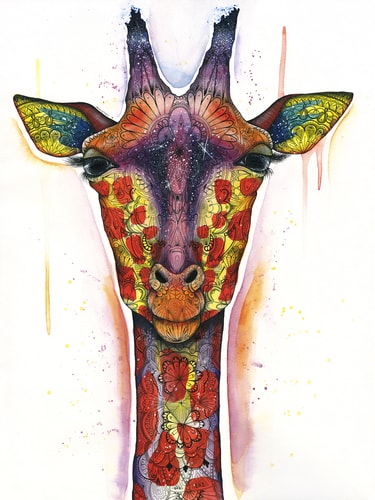 "Cosmic Giraffe" Watercolor and Pen and Ink on Watercolor Paper, 18" x 24" by artist Haylee McFarland. See her portfolio by visiting www.ArtsyShark.com