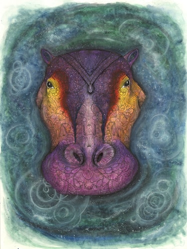 "Cosmic Hippo" Watercolor and Pen and Ink on Watercolor Paper, 18" x 24" by artist Haylee McFarland. See her portfolio by visiting www.ArtsyShark.com