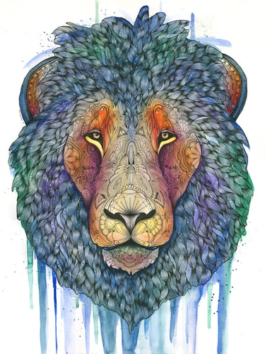 "Cosmic Lion" Watercolor and Pen and Ink on Watercolor Paper, 18" x 24" by artist Haylee McFarland. See her portfolio by visiting www.ArtsyShark.com