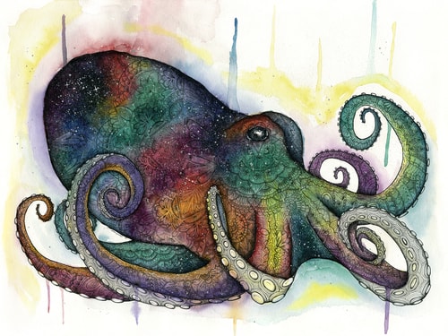 "Cosmic Octopus" Watercolor and Pen and Ink on Watercolor Paper, 24" x 18" by artist Haylee McFarland. See her portfolio by visiting www.ArtsyShark.com