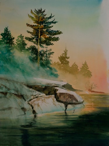 “Misty Morning, Boundary Waters” Watercolor, 22” x 30” by artist Don Rankin. See his portfolio by visiting www.ArtsyShark.com