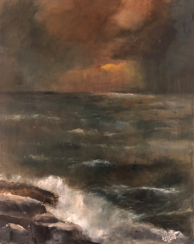 Moody seascape painting of waves crashing under a dark sky by Terry Orletsky