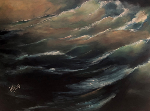 Painting of waves under a stormy sky by artist Terry Orletsky.