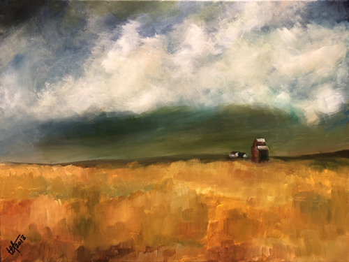 Painting of a rural landscape with grain elevator by artist Terry Orletsky
