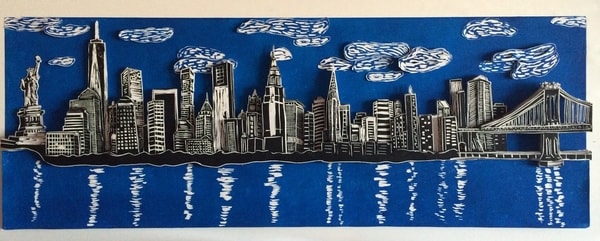 “City Scape” 3D Linocut, 44" x 17" by artist Bill Farran. See his portfolio by visiting www.ArtsyShark.com