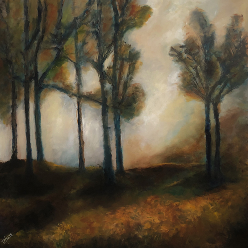 Dreamlike landscape of a field and woods by artist Terry Orletsky. 