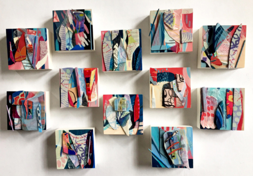 Grouping of mixed media assemblage art by Katia Bulbenko