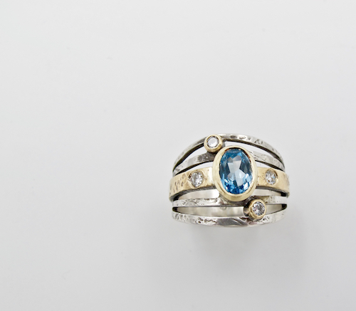 Aquamarine Ring: Sterling Silver, 14k Gold, Diamonds and Aquamarine by artist Gail Golden. See her portfolio by visiting www.ArtsyShark.com