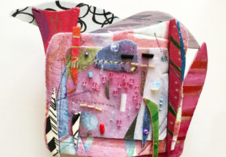 Colorful mixed media assemblage art by Katia Bulbenko