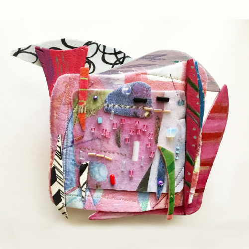 Colorful mixed media assemblage art by Katia Bulbenko