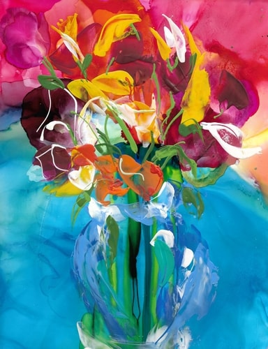 "Bouquet" Alcohol Ink and Encaustic on Yupo, 9" x 12" by Artist Bonny Butler. See her portfolio by visiting www.ArtsyShark.com