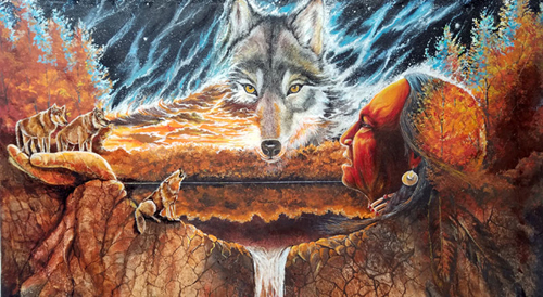 Native American inspired wolf and landscape painting by artist Shel Waldman. 