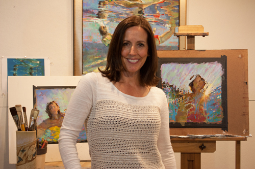 Artist Michele Poirier-Mozzone in her studio. See her portfolio by visiting www.ArtsyShark.com