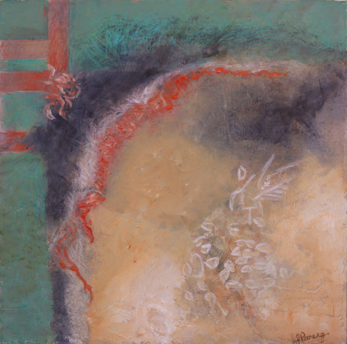 "Burning the Dross" Mixed Media, 16" x 16" by Artist Jan Pomeroy. See her portfolio by visiting www.ArtsyShark.com