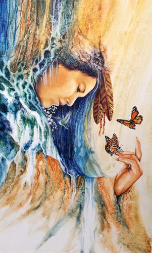 Painting of a Native American woman with butterflies by artist Shel Waldman. 