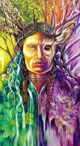 Surreal painting of a Native American brave melded with nature landscape.