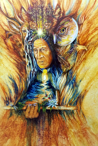 Painting of a Native American shaman, Mixed Media by artist Shel Waldman. 