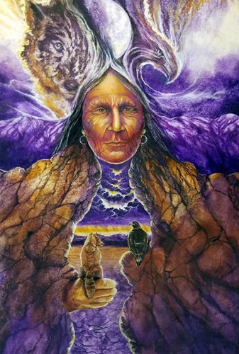 painting combines landscape with a Native American warrior and wolves, Mixed Media by artist Shel Waldman.