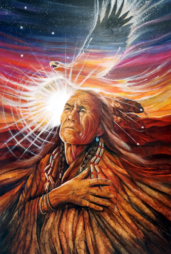 "Soaring Spirit" Native American chief and hawk painting by Shel Waldman. 