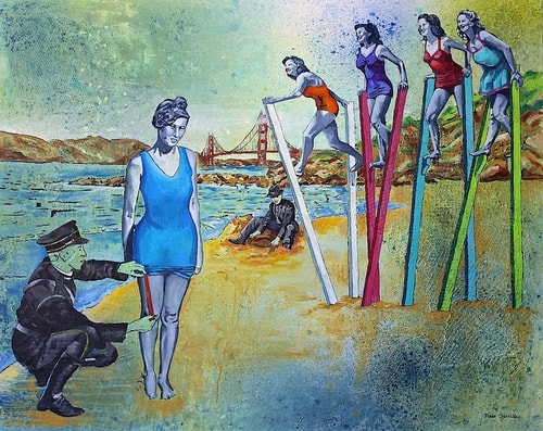 "The Length of My Bathing Suit" Acrylic on Canvas, 60" x 48" by artist Fleur Spolidor. See her portfolio by visiting www.ArtsyShark.com