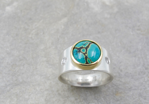 Turquoise Signet Ring: Sterling Silver Band, Flush Set White Diamonds, 10mm Turquoise Cabochon Set in 18k Gold by artist Gail Golden. See her portfolio by visiting www.ArtsyShark.com
