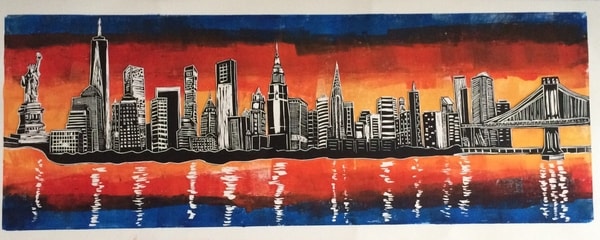 "Cityscape at Sunrise” Linocut Collage, 44" x 17" by artist Bill Farran. See his portfolio by visiting www.ArtsyShark.com