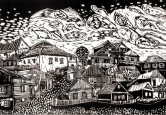 "Lost Souls Over the Shtetl" Linocut, 17" x 11" by artist Bill Farran. See his portfolio by visiting www.ArtsyShark.com