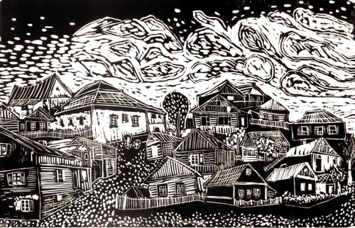 "Lost Souls Over the Shtetl" Linocut, 17" x 11" by artist Bill Farran. See his portfolio by visiting www.ArtsyShark.com