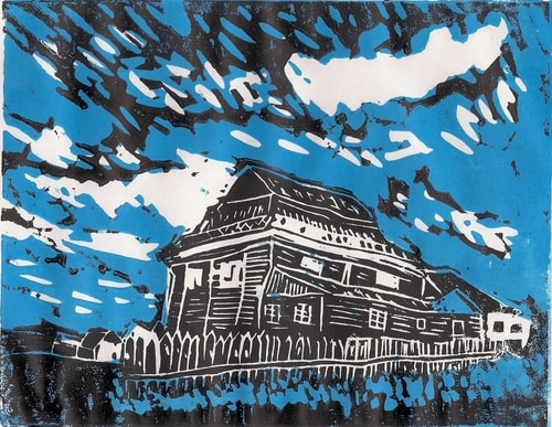 "Olkieniki, Lithuania" Linocut, 9" x 7" by artist Bill Farran. See his portfolio by visiting www.ArtsyShark.com