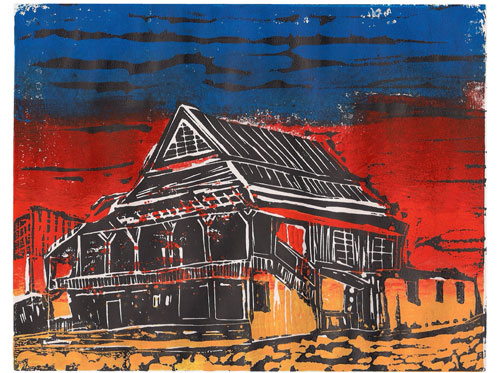 “Novyy Yarychiv, Ukraine Sunset” Linocut, 9" x 7" by artist Bill Farran. See his portfolio by visiting www.ArtsyShark.com