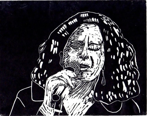 “Portrait of Elizabeth Schwartz, Singer” Linocut, 9" x 7" by artist Bill Farran. See his portfolio by visiting www.ArtsyShark.com