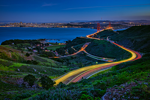 Boldly colored time lapse photo of traffic in Marin County by artist Rick Berk