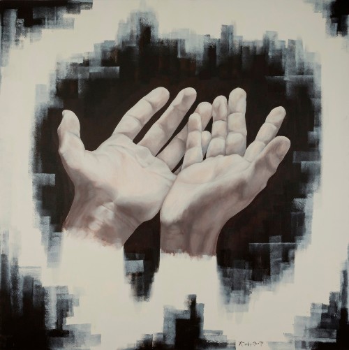 “Hands 1” Acrylic on Canvas, 150cm x150cm by artist Christina Michalopoulou. See her portfolio by visiting www.ArtsyShark.com