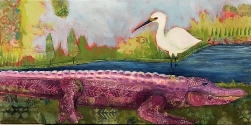 Colorful Mixed Media Collage of an Egret and Alligator by artist Susan Hurwitch. 
