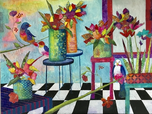 Whimsical Mixed Media Collage of birds and flowers in a sunroom by artist Susan Hurwitch. 