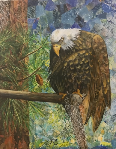 Mixed Media Collage of an eagle perched in a tree by artist Susan Hurwitch. 