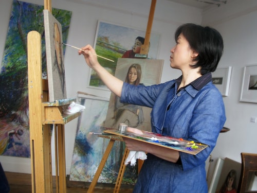 Artist Marina Kim in her studio. See her portfolio by visiting www.ArtsyShark.com