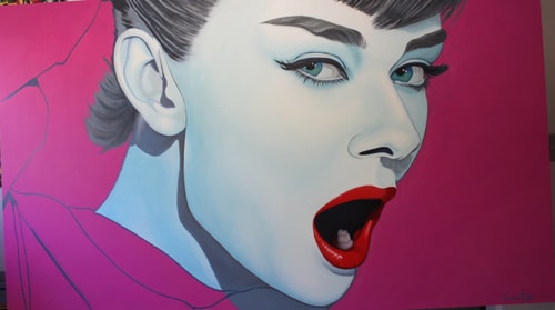 “Audrey Magenta” Mixed Media on Wood, 72” x 42” by artist Leonardo Montoya. See his portfolio by visiting www.ArtsyShark.com