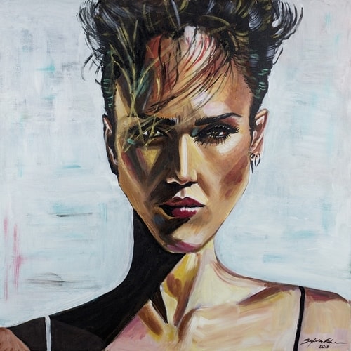 Contemporary portrait of a woman at the beach by artist Sylvia Cohen.