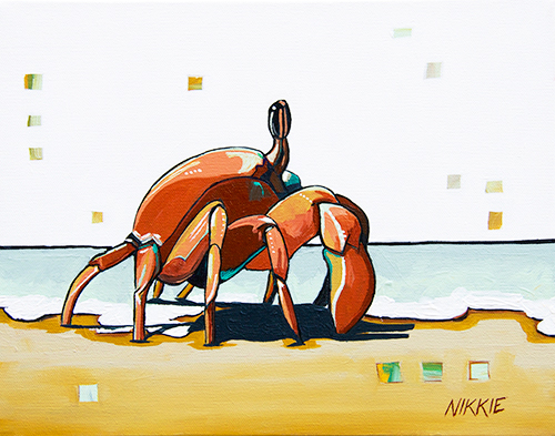 Contemporary painting of a crab on a beach by artist Nikkie Markle. 