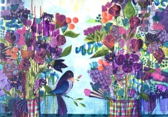Whimsical mixed media collage of a bird and vases of flowers by Susan Hurwitch