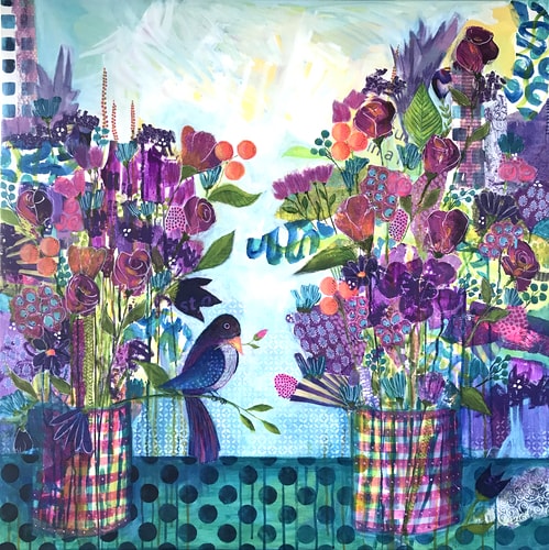 Whimsical mixed media collage of a bird and vases of flowers by Susan Hurwitch