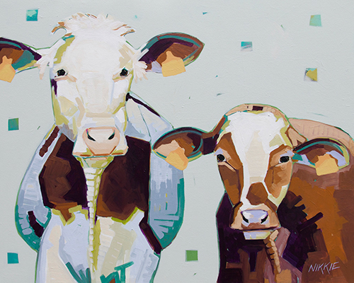 Contemporary whimsical painting of two cows by artist Nikkie Markle.