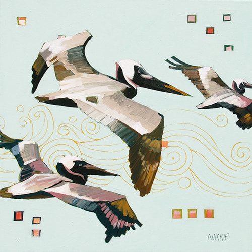 Flock of pelicans whimsical painting by artist Nikkie Markle. 