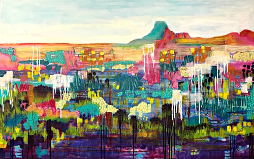 Colorful Mixed Media Collage landscape in the desert by artist Susan Hurwitch. 