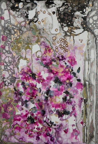 Abstract painting with floral elements in alcohol ink by Mishel Schwartz.