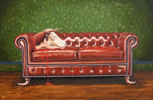 “Feeling Comfortable Now?” Oil over Acrylic on Canvas, 153cm x 102cm by artist Jo Frederiks. See her portfolio by visiting www.ArtsyShark.com